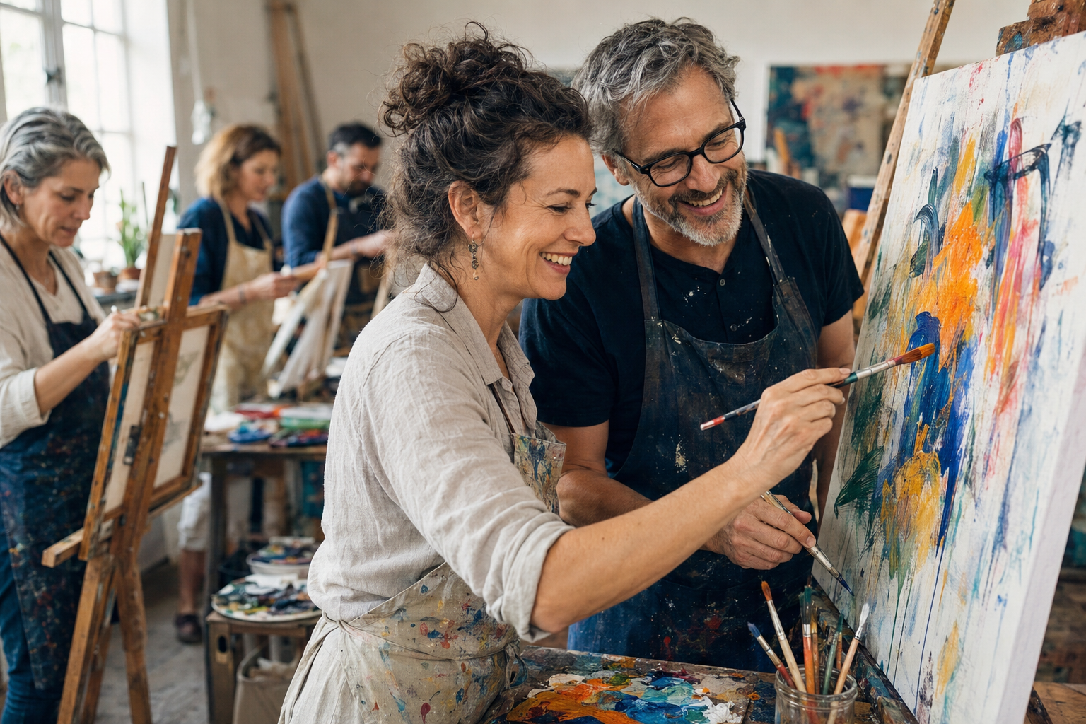 Two participants collaborating and laughing over an abstract painting during a Present Wonders workshop